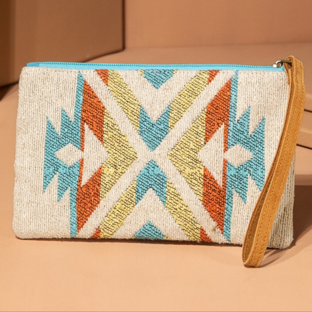 Handmade Hand Beaded Wristlet Clutch - Ethnic Inspired Design - Dyed Fine Cotton - Picture 3 of 6